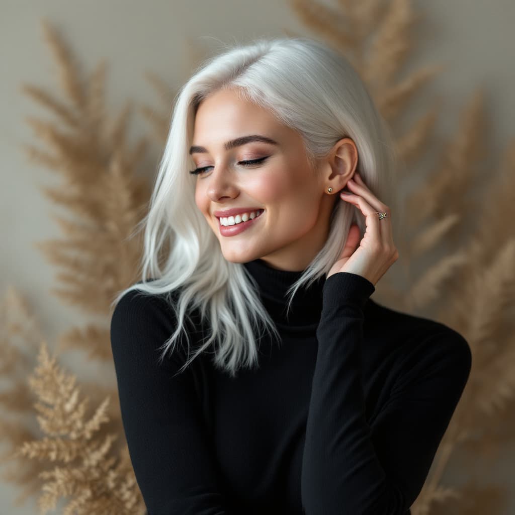 AI generated: A young white woman with platinum-dyed hair, smiling brightly as she tucks her hair behind her ear w...