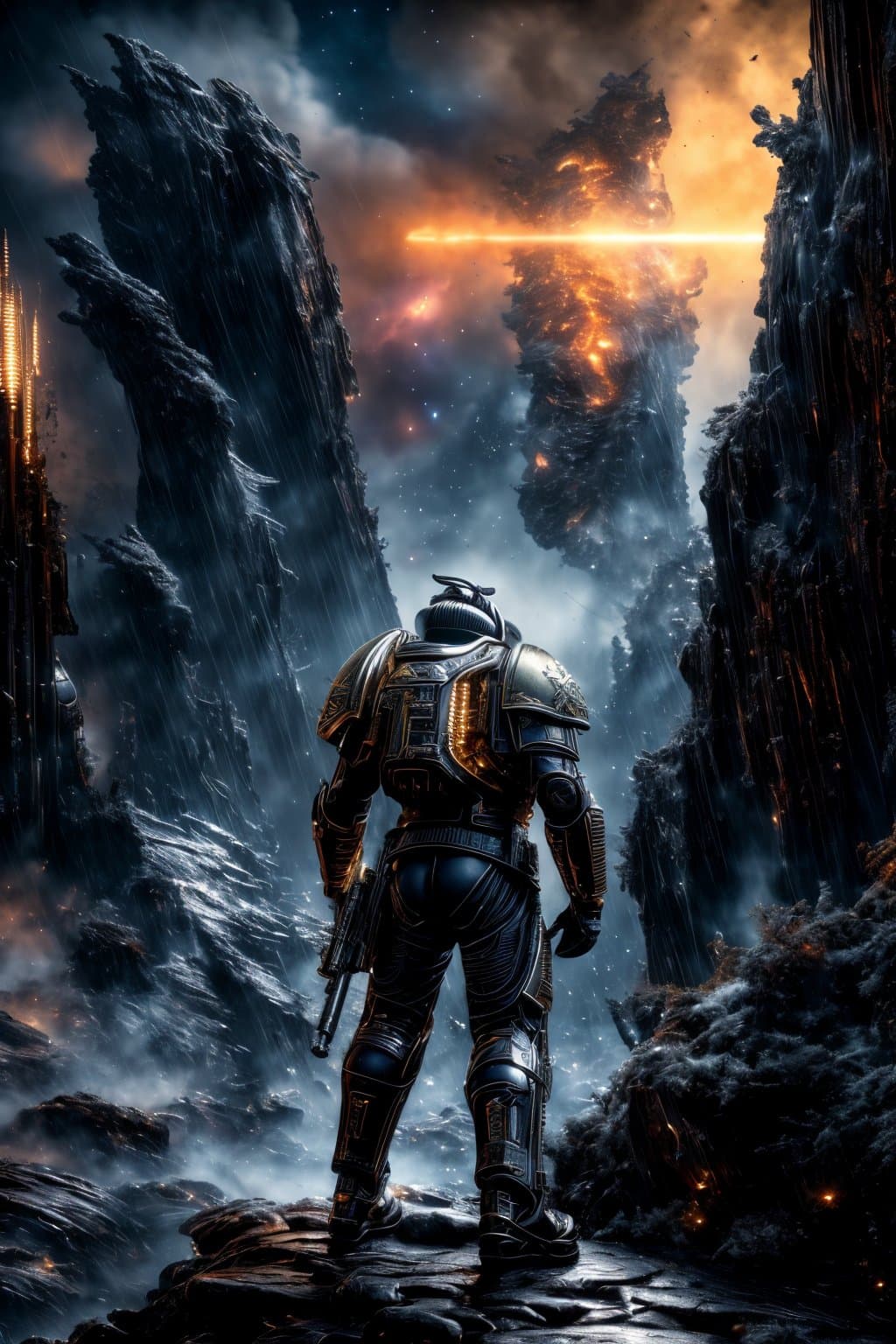 AI generated: (extremely detailed 8k wallpaper), a medium shot photo of a detailed space marine in an alien landsc...
