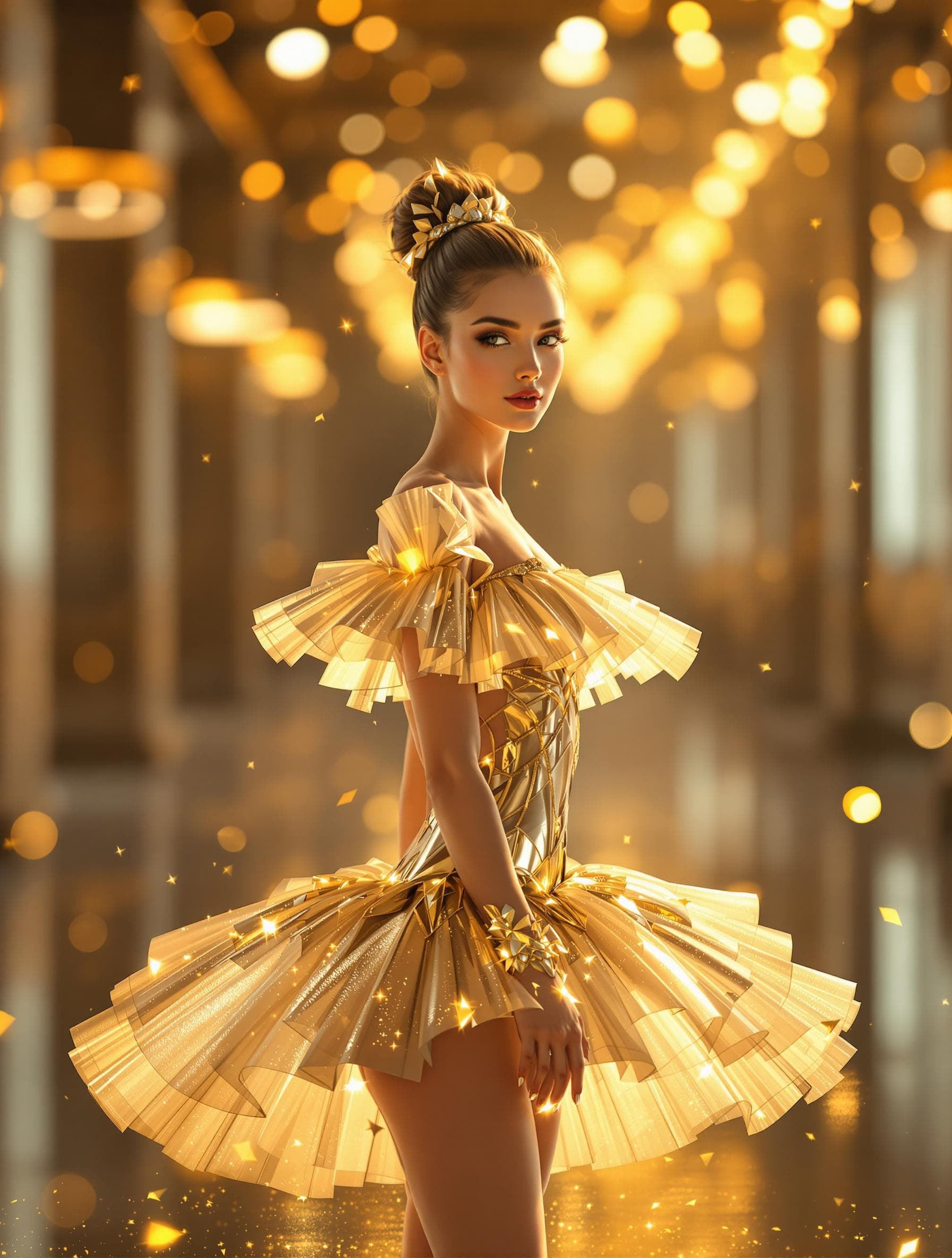 AI generated: 3d render, a beautiful ballerina wearing metallic golden tutu/outfit that shimmers in the warm light...