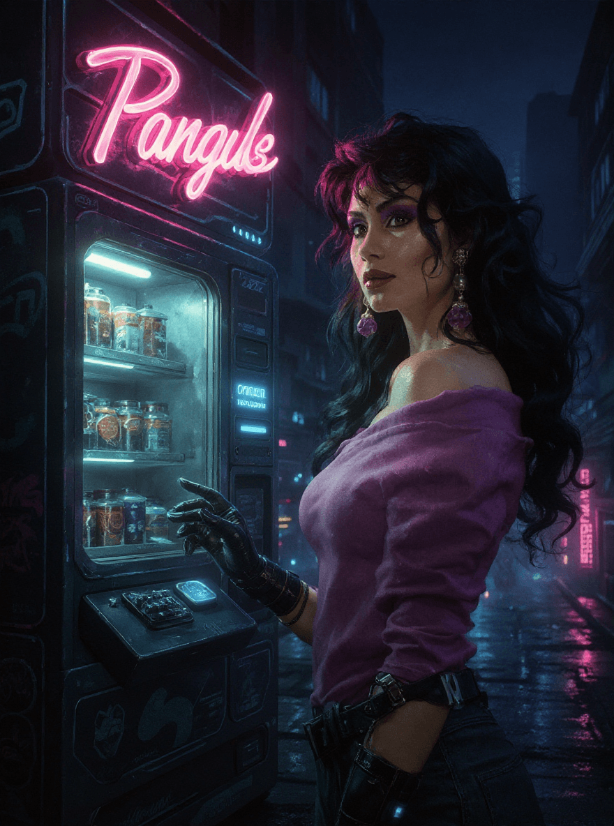 AI generated: girl of the future using a food vendor machine, futuristic design, electronic artwork, techno-noir, ...