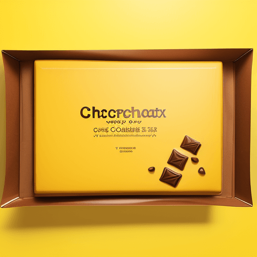 AI generated: portrait photography of a chocolat cookie box on a yellow background, with chocolat cover splash, pr...