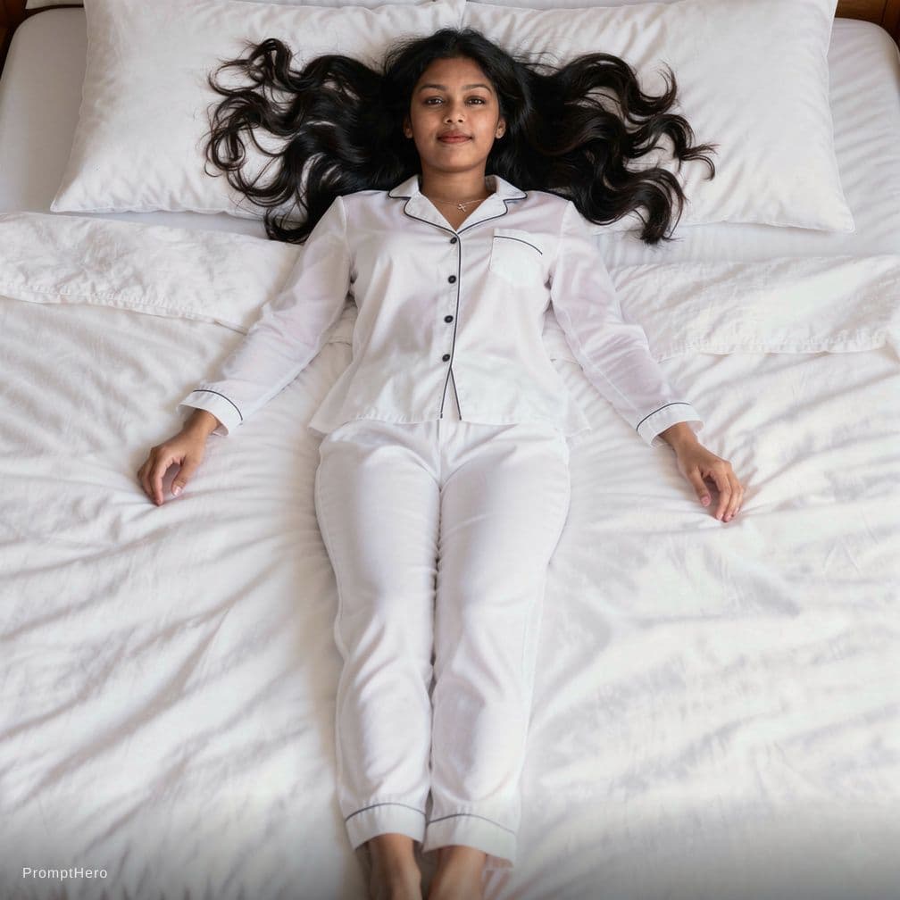 AI generated: Create a high-resolution photograph of a fit adult woman lying on her back in a bed covered with pri...