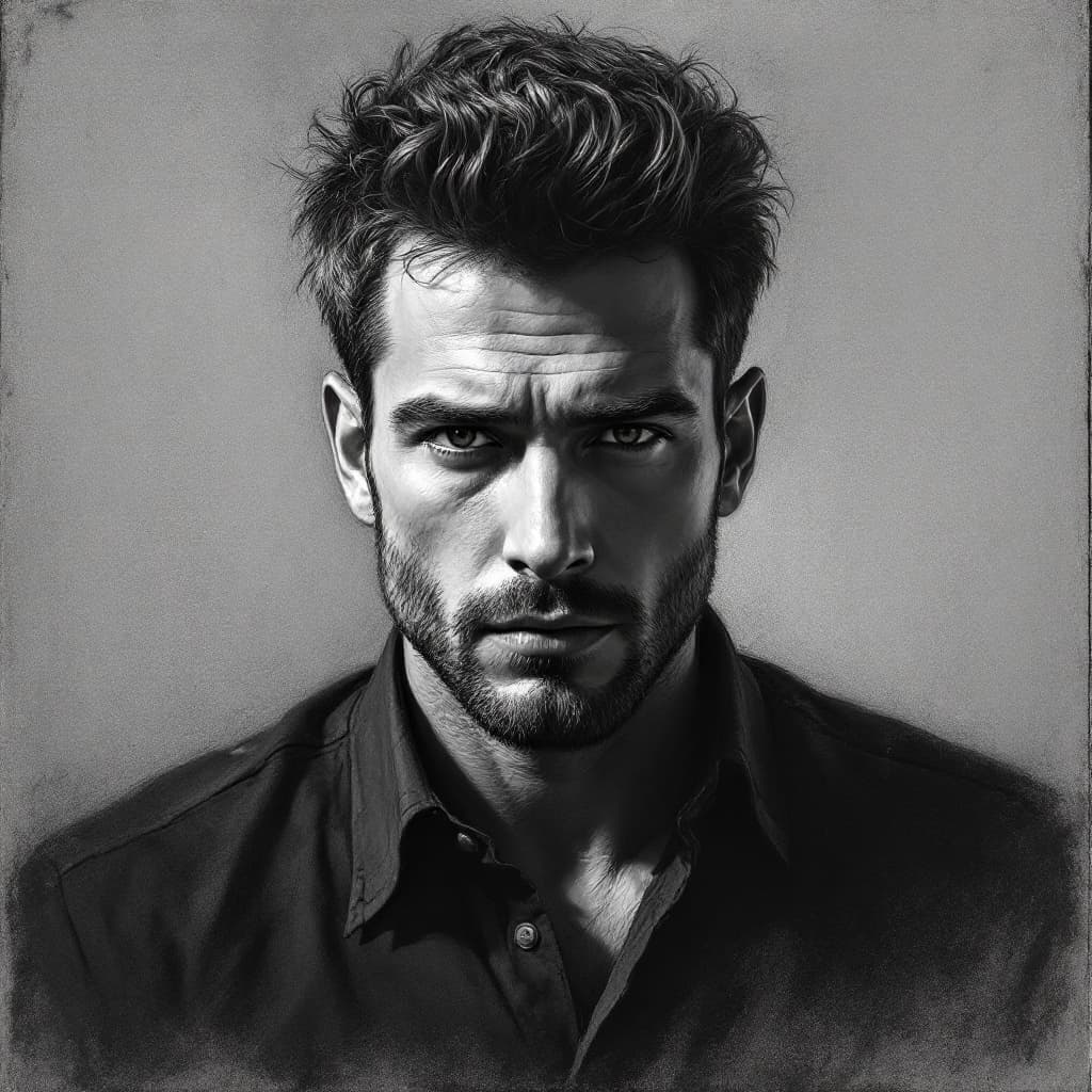 AI generated: Charcoal drawing, portrait of a guy, charismatic, from waist to top of the head