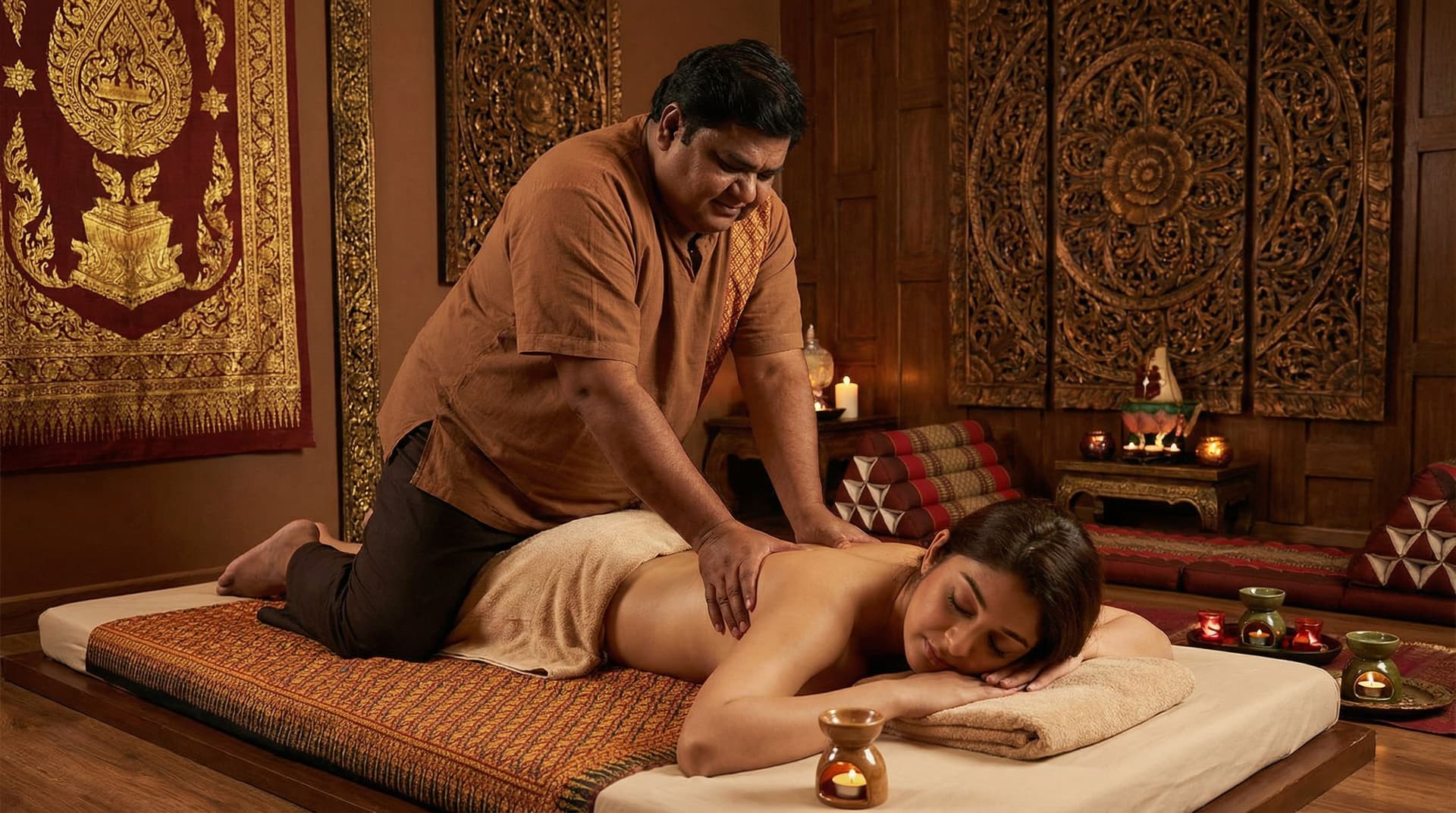 AI generated: thai massage  indian man giving a massage to a woman lying on a massage bed. Realistic pictures with...