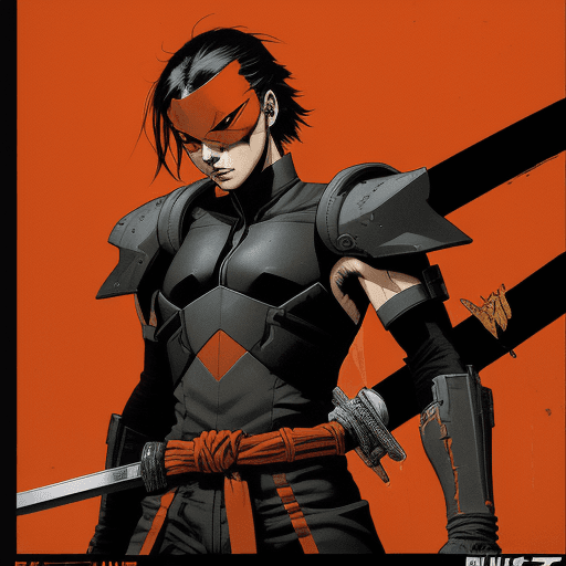 AI generated: a black and orange comic book character with a sword, in the style of enki bilal, yoji shinkawa, fra...