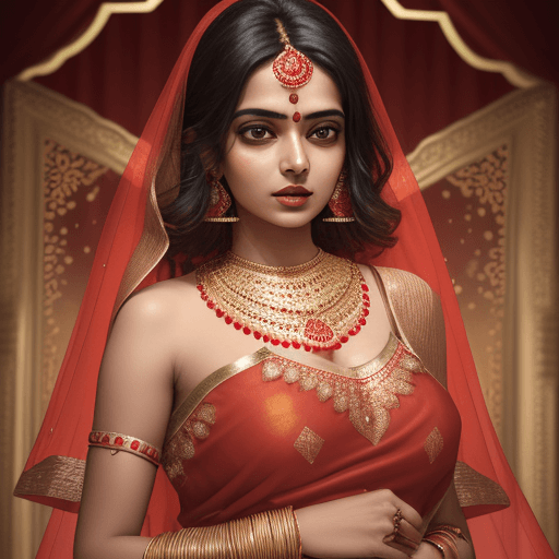 AI generated: Hindu  women wearing  lahenga red in colour   , and wearing elegant  golden jwellery, she wearing  b...