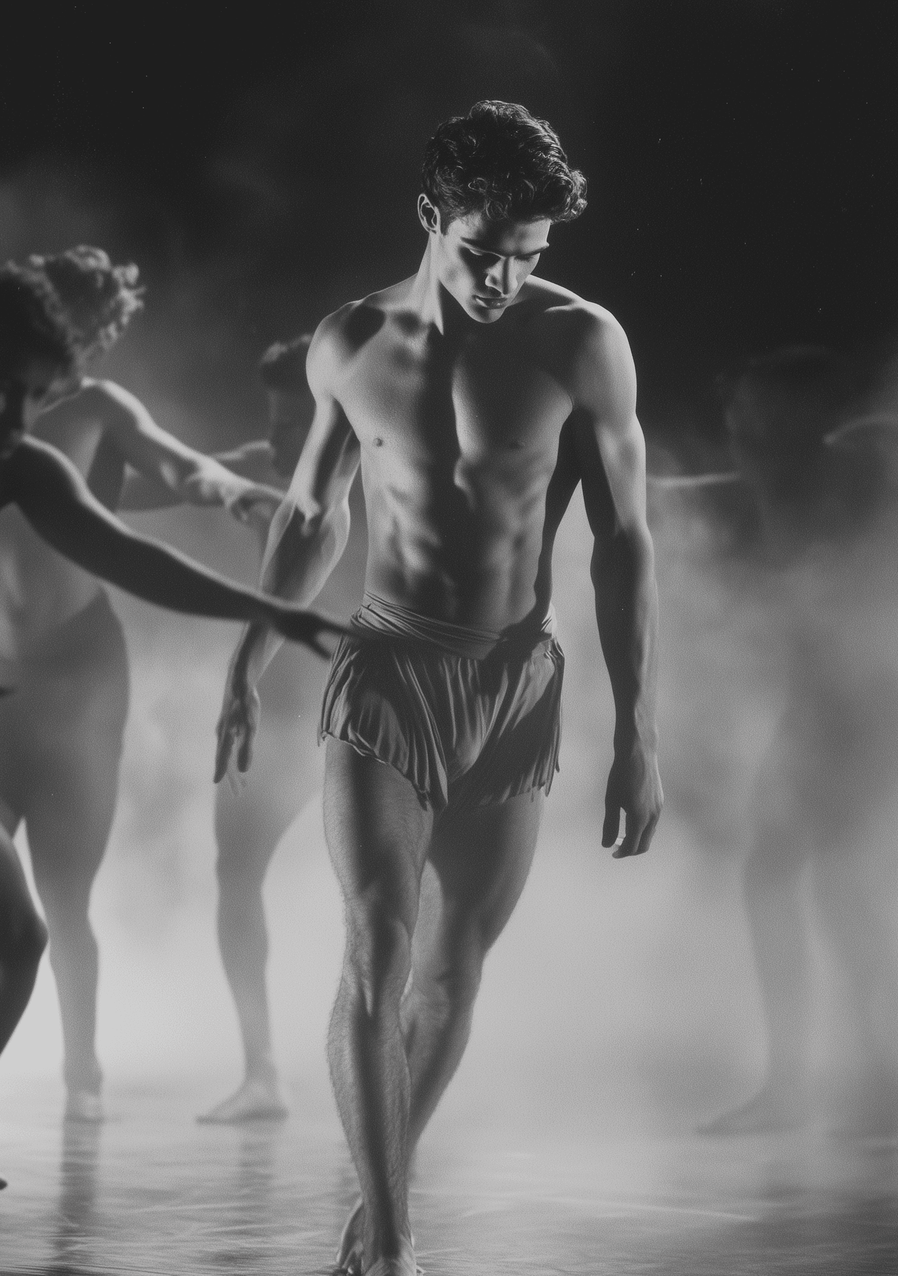 AI generated: A vintage black-and-white photograph of an American male ballet dancer in his mid-20s, captured by p...