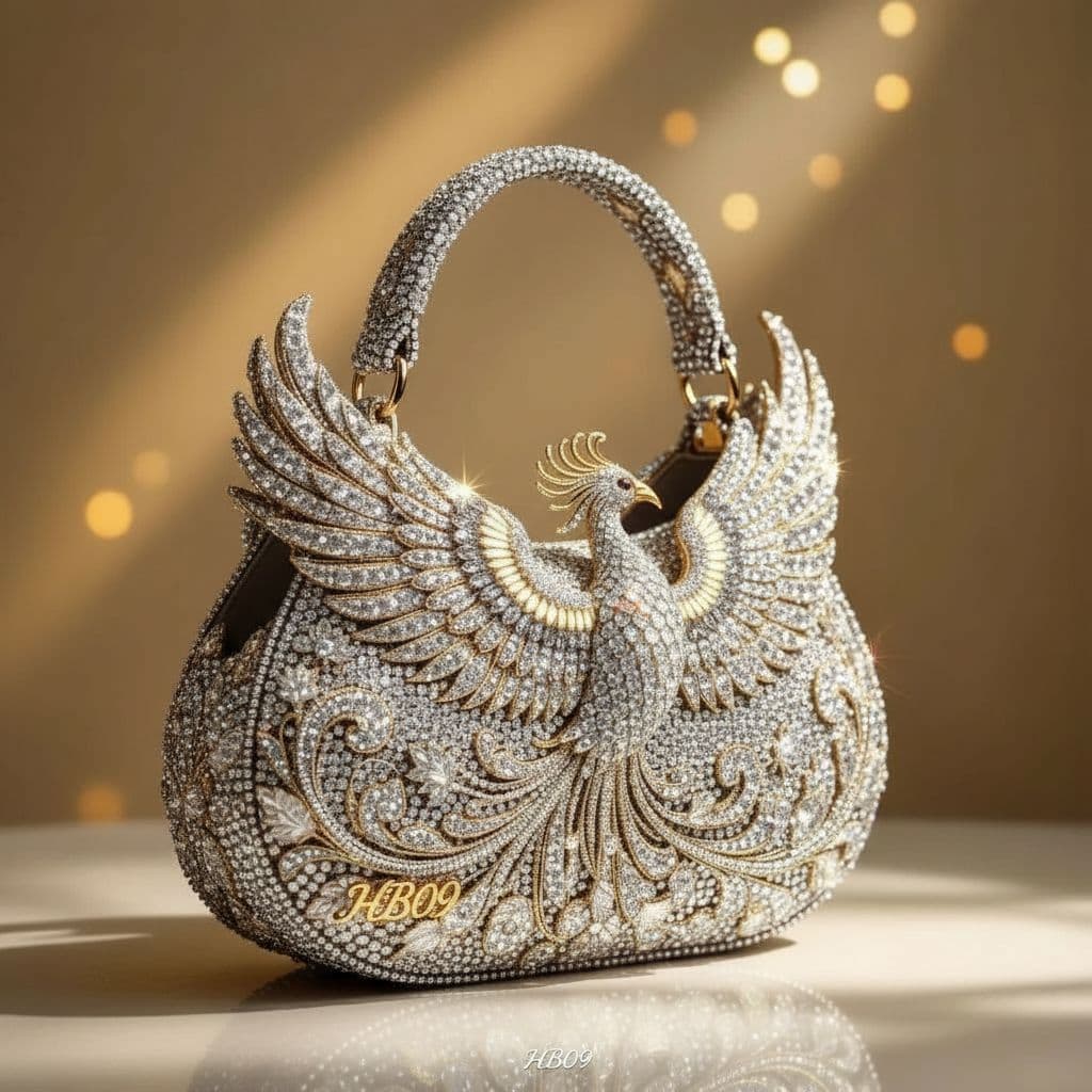 AI generated: Create a bag encrusted with diamonds, design the brand "HB09" on the bottom left of the bag. Insert ...
