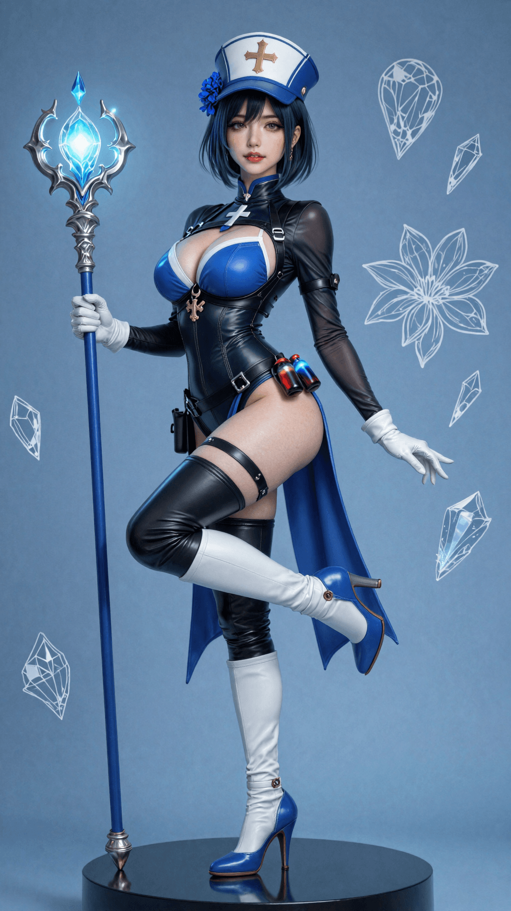 AI generated: The image is a vertical, high-quality realistic photograph of a woman cosplaying as a stylized fanta...