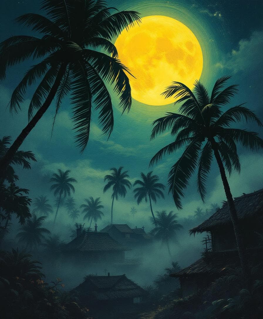 AI generated: A large and luminous yellow moon descending slowly behind the verdant and elongated shadows of tall,...