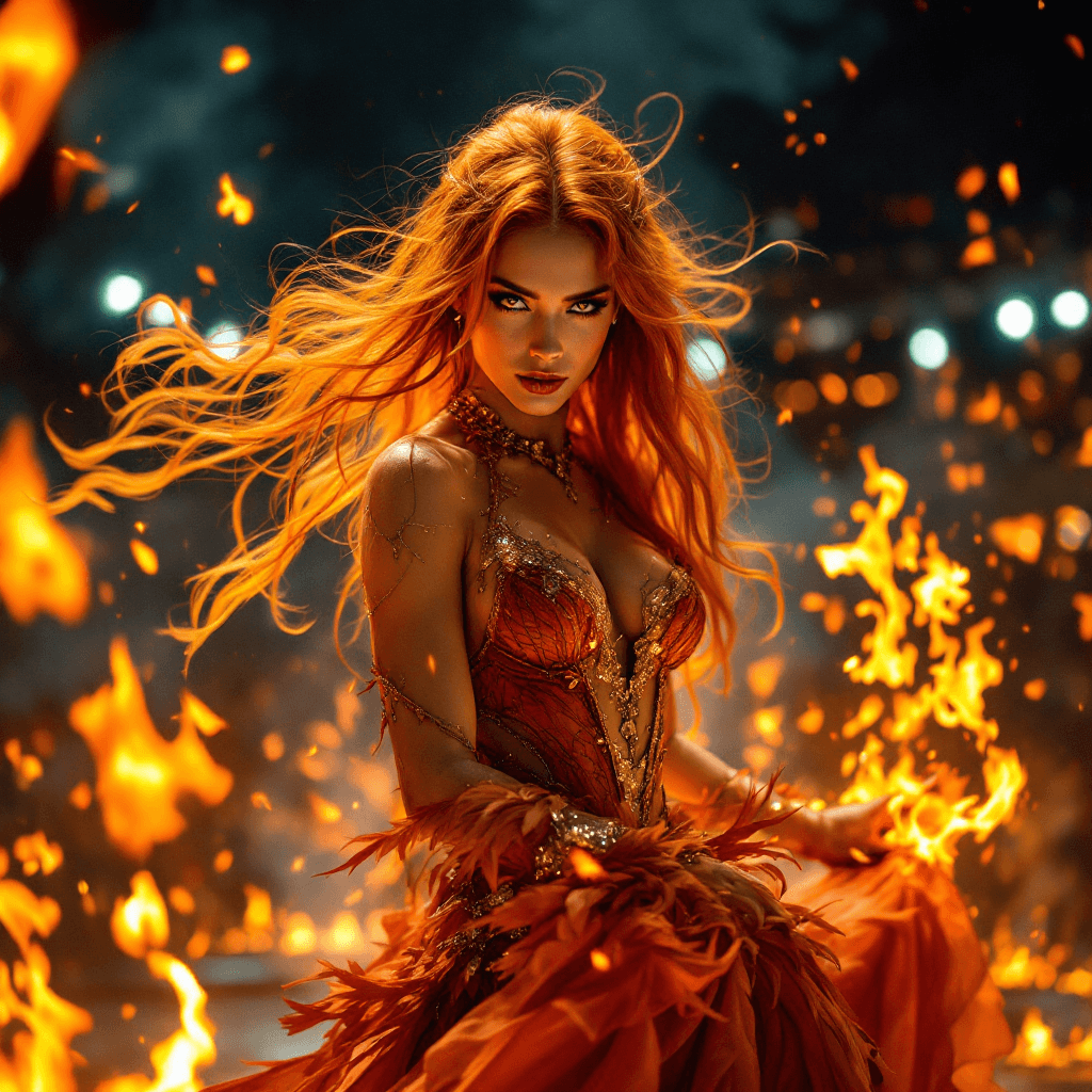 AI generated:  A captivating dancer with long, flowing, vibrant orange hair, that seems to move like flames. Her e...