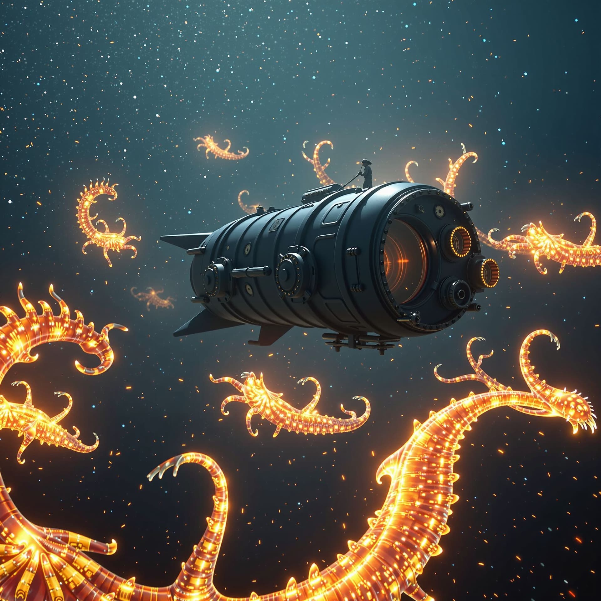 AI generated: A deep-sea submersible drifting through darkness, encountering glowing sea creatures, tension mixed ...