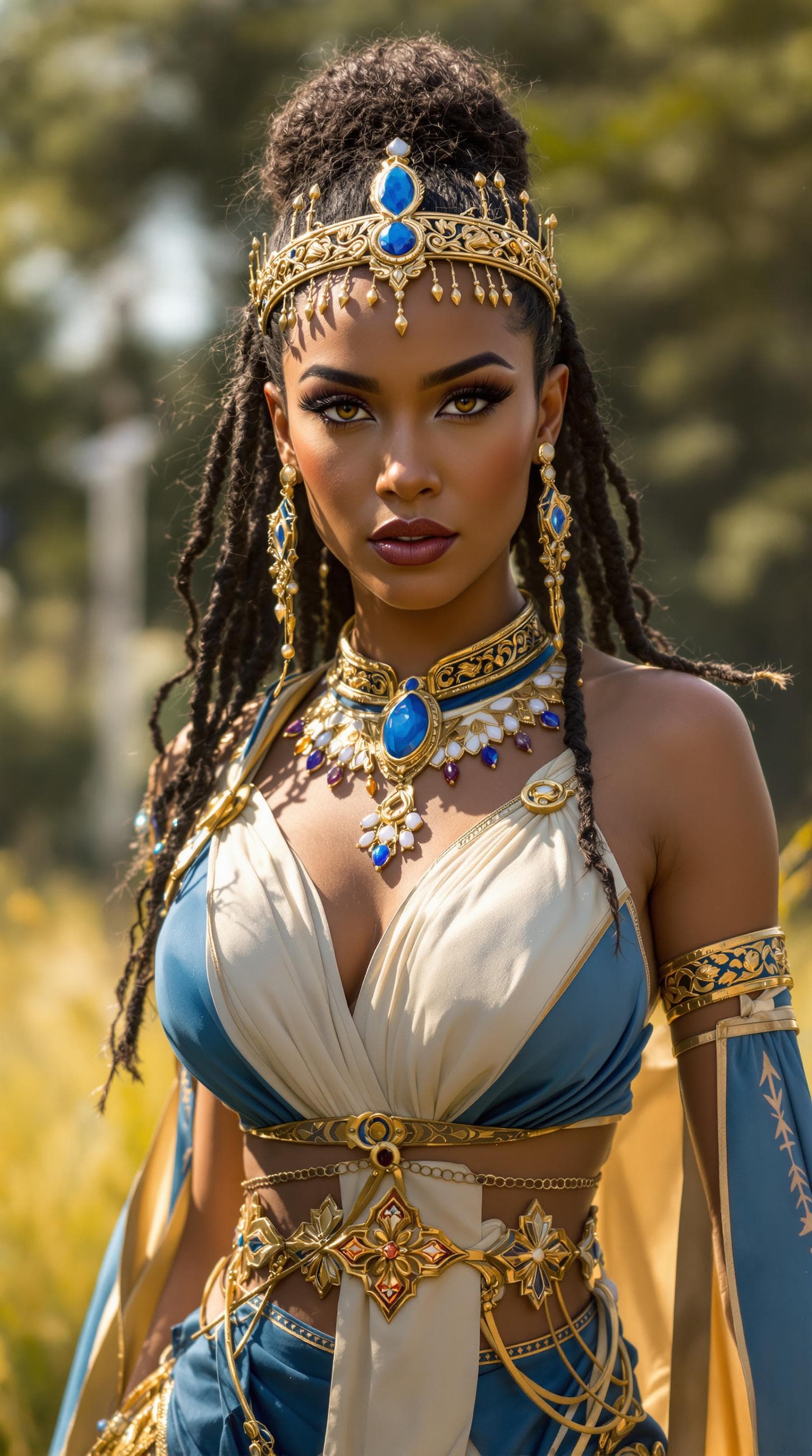AI generated: A hyper-realistic portrait of a warrior queen inspired by Nala; beautiful yet fierce woman with athl...