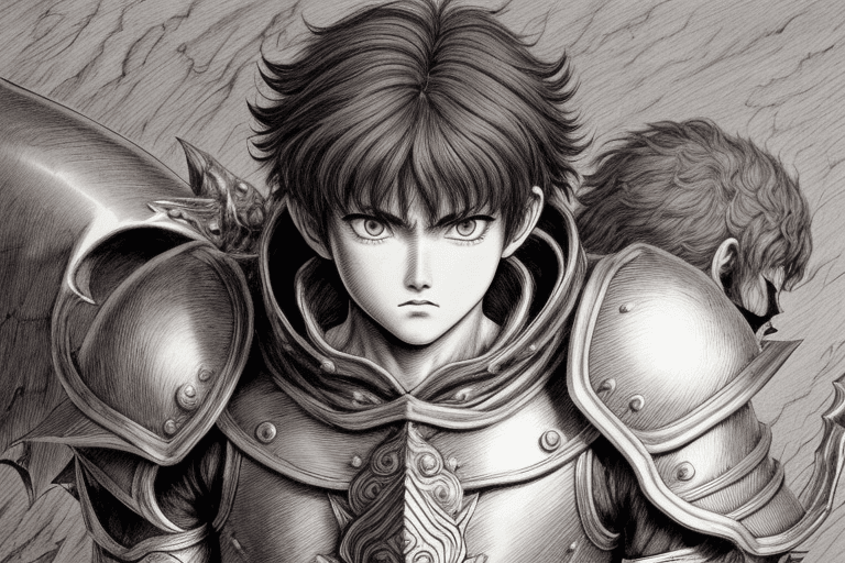 AI generated: monochrome, a little boy, brown hair with tuft, in golden armor, manga, ((without helmet)), berserk ...