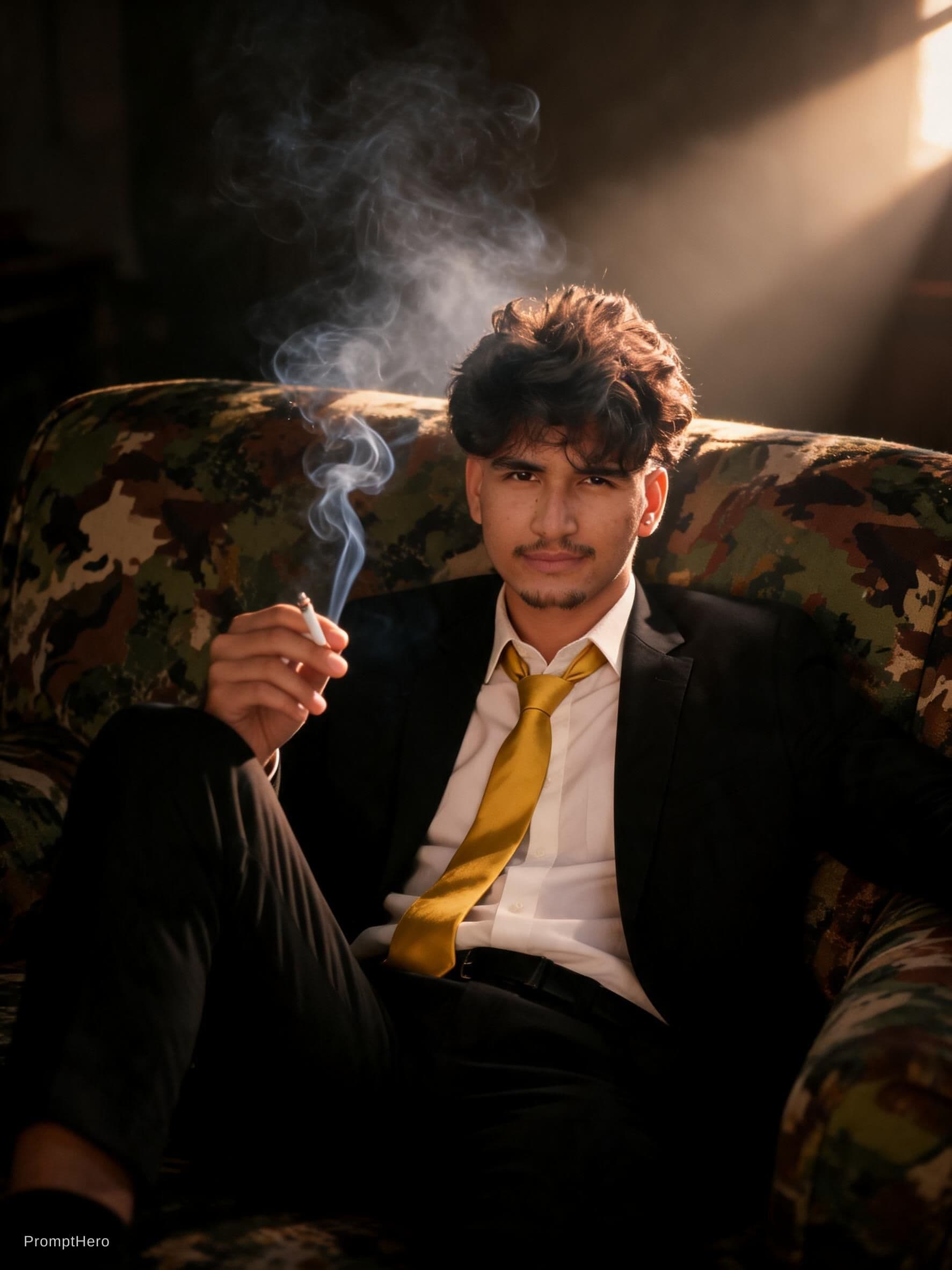 AI generated: photography, cover shoot, dimly lit room with a hazy atmosphere, capturing a professional male model...