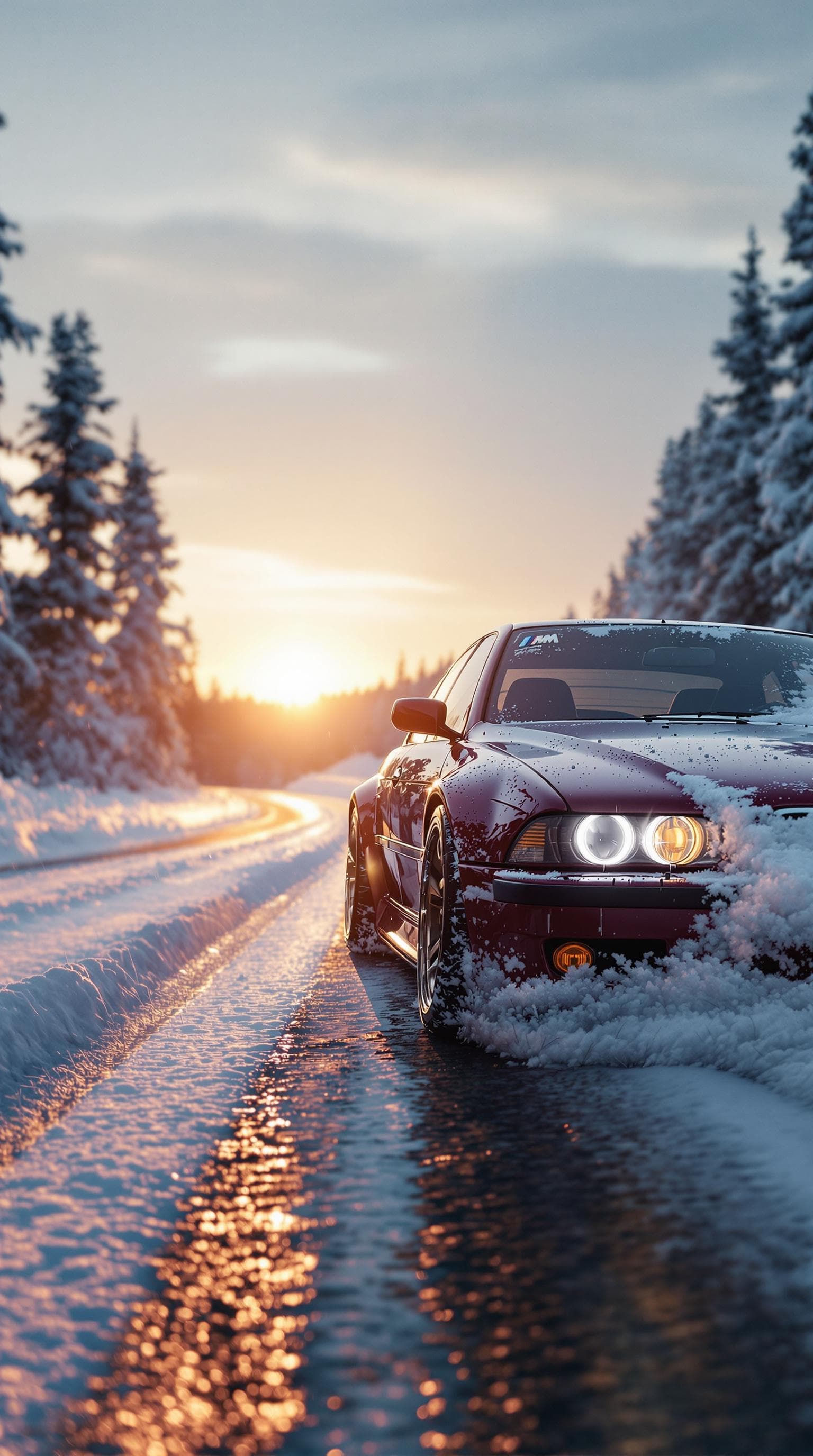 AI generated: Photo of a ultra realistic wine red bmw e39 m5, bmw angel eyes, halogen fog lights, dramatic light, ...
