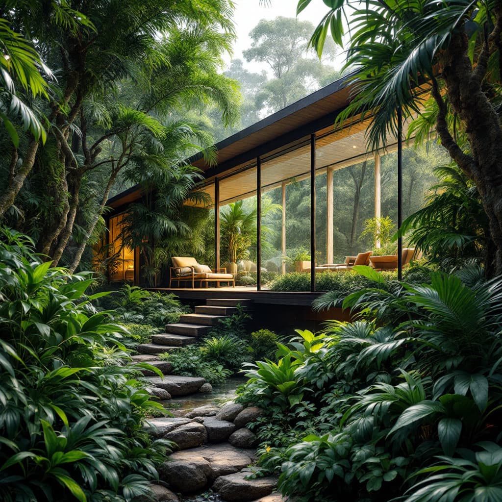 AI generated: imagine a visual masterpiece of an eco-friendly home nestled in a lush tropical rainforest. large wi...