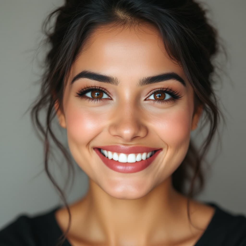 AI generated: Close-up, headshot of a smiling woman with medium-dark skin. She appears to be of South Asian descen...