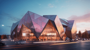 AI generated: Spacious shopping mall with a contemporary design, lively urban ambiance, and concrete facade, inspi...