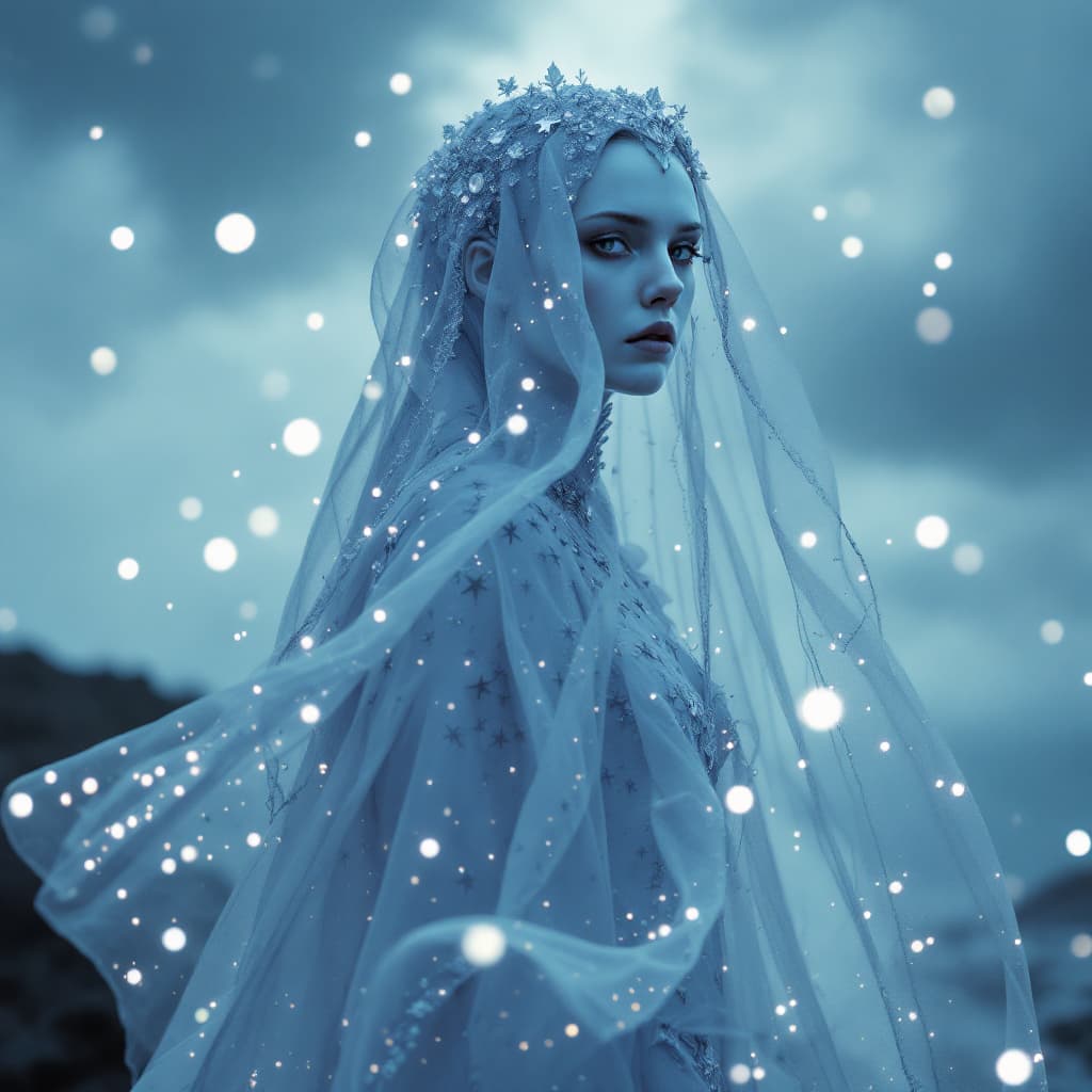 AI generated: Ultra-photorealistic cinematic portrait of Rooney Mara as the Pale Matron. Her expression is distant...