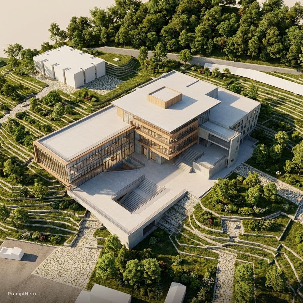 AI generated: modern library, stairs, namsan
