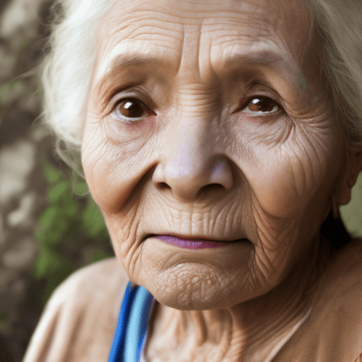 AI generated: Avatar  old woman with blonde hair very short, Brown eyes locked on camera lens, short image 