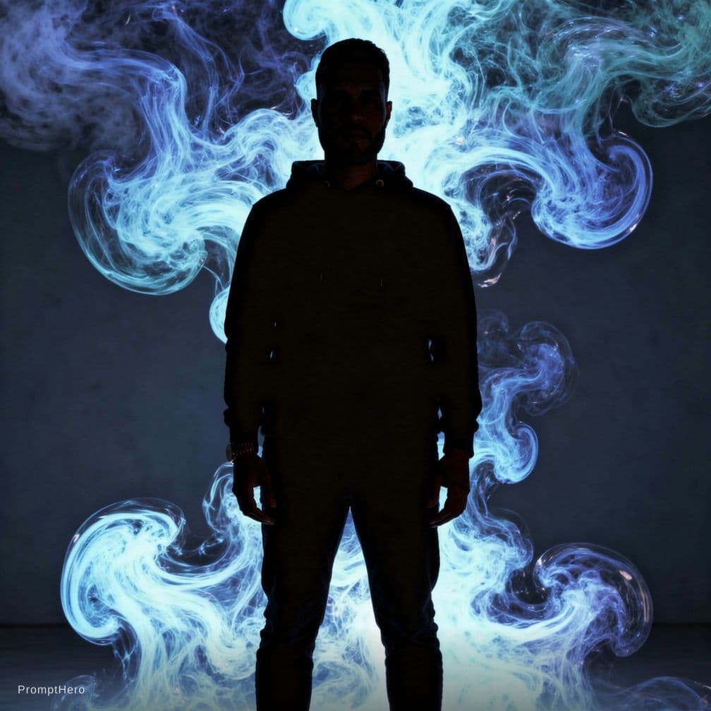 AI generated: photograph, front central shot, full-length, unknown gender figure, black and neon blue color palett...