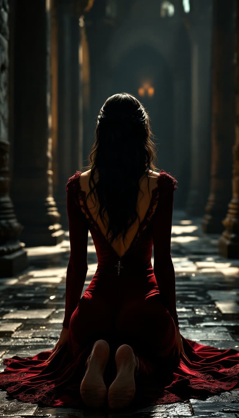 AI generated: A cinematic scene of Alina Dreymore, a noblewoman in her early thirties, positioned elegantly on her...