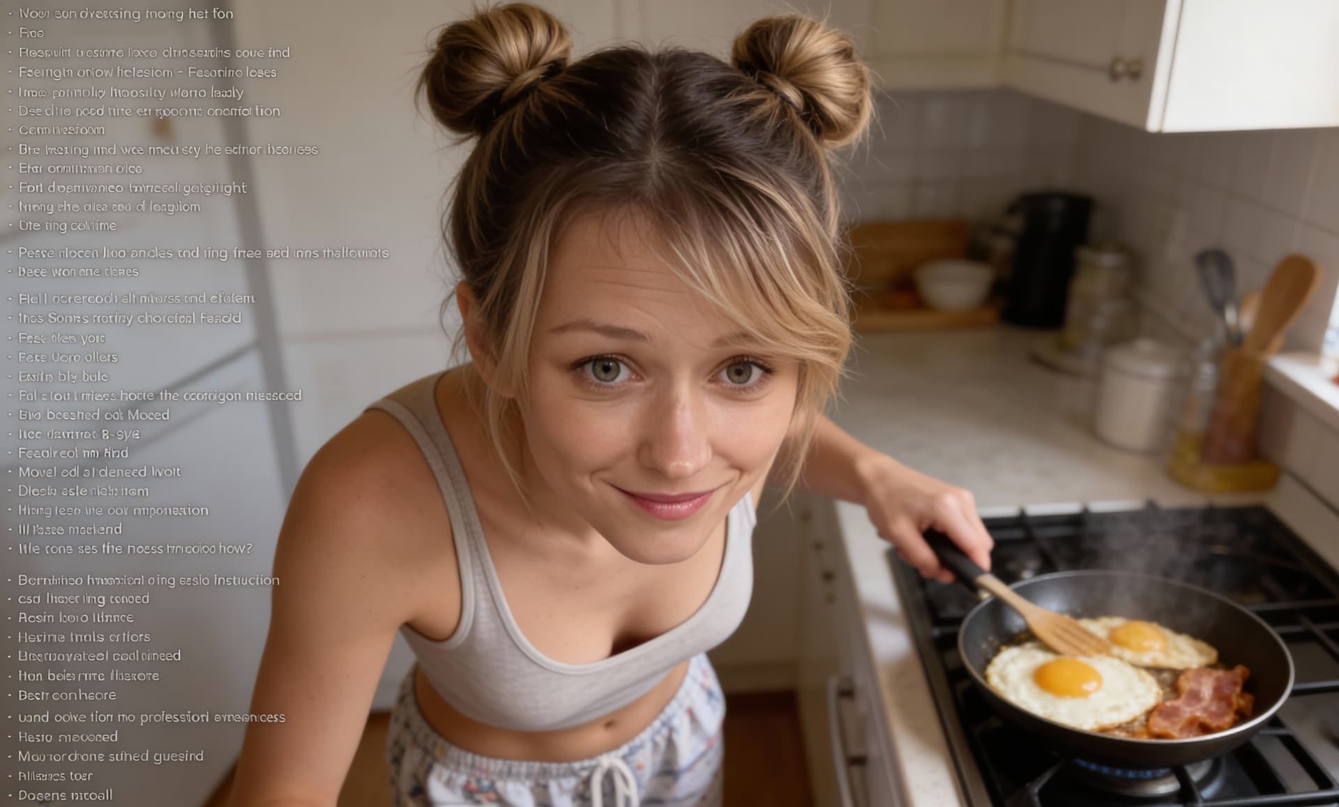AI generated: Medium close-up, photograph of, a woman with her dark blonde hair in a whom buns cooking breakfast i...