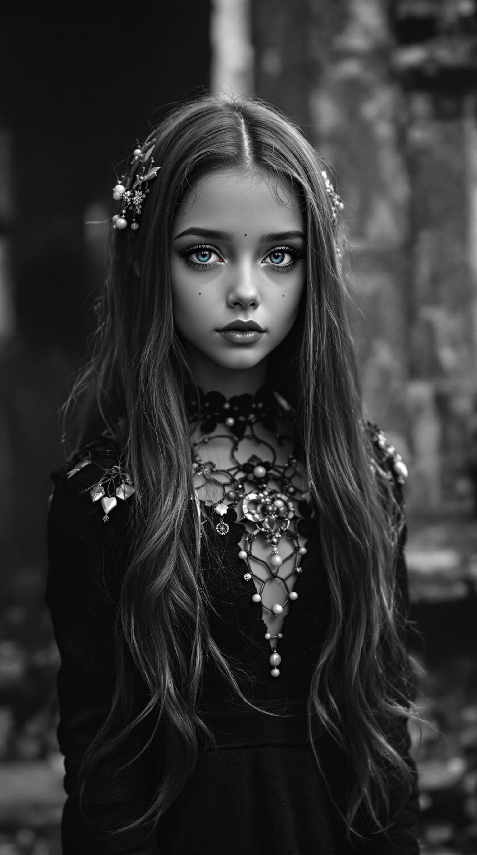 AI generated: a professional black and white aged photo from 1958, of a most beautiful 5th grade girl in the world...