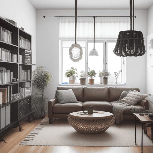 AI generated: A modern living room with nordic furniture. Include macrame wall hangings, library, laptop and elect...