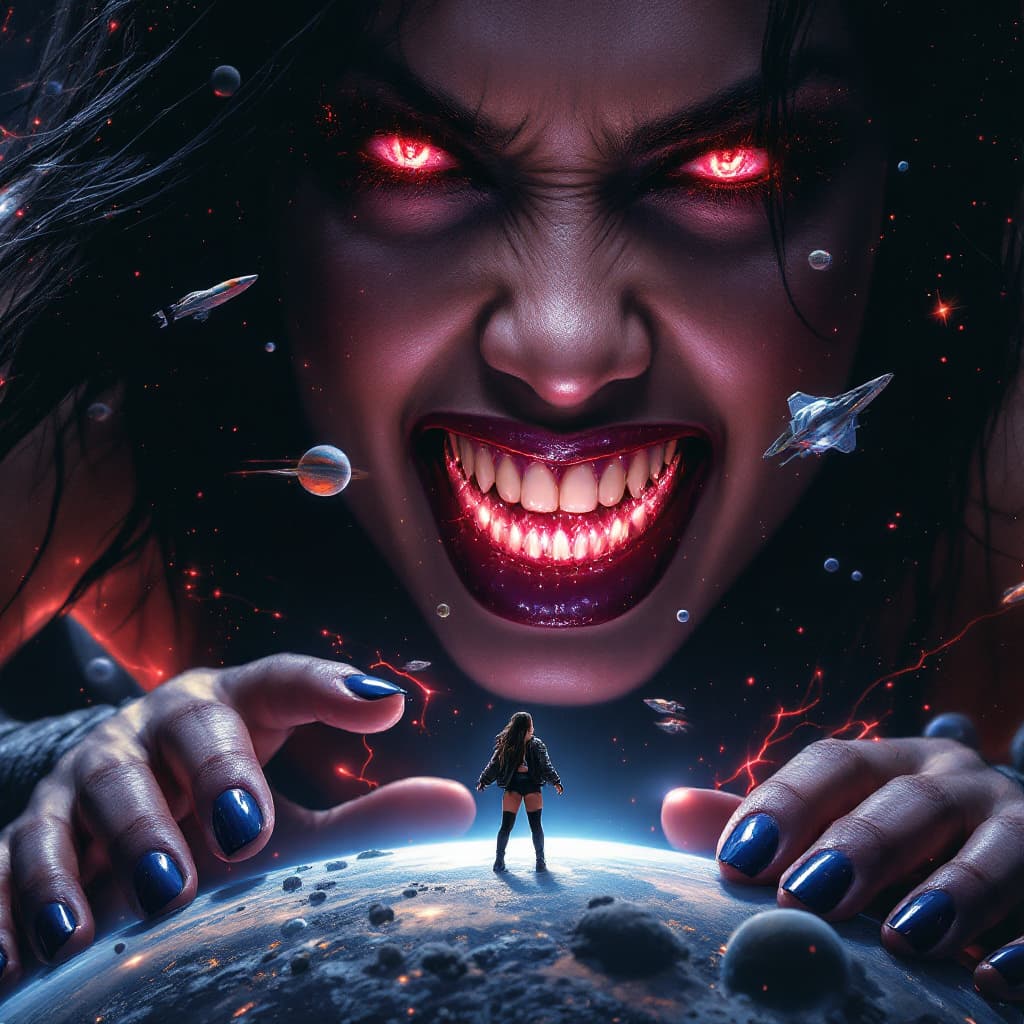 AI generated: enormous giantess Raquel Rodriguez  from WWE
bigger than a galaxy floating in space,  minuscule plan...