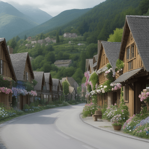 AI generated:  a beautiful and big village with houses made of wood and stone, a asphalt made and a little worn an...