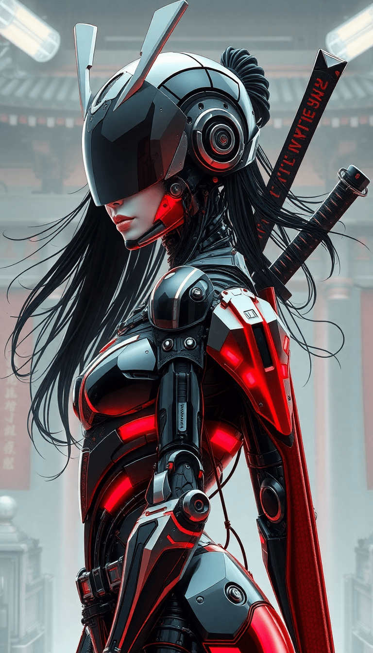 AI generated: in the style of ck-sfc, female cyberpunk robot samurai, robot face with mirrored face shield, hyperd...
