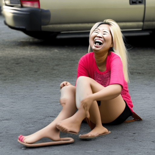 AI generated: asian woman laughing , she have blond hair , she wear flip flops with anklets