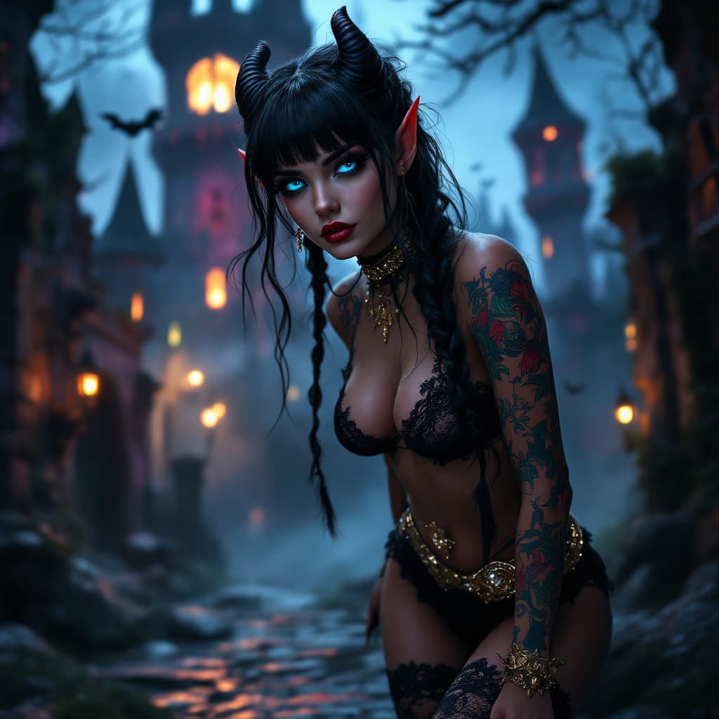 AI generated: A flirty demon woman with colorful arm tattoos and black braided hair with bangs. Her royal blue eye...