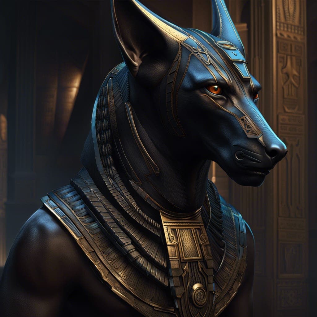 AI generated: portrait the egyptian male anubis, cyberpunk, black, pyramid, hyperdetailed eyes, hyperrealism extre...
