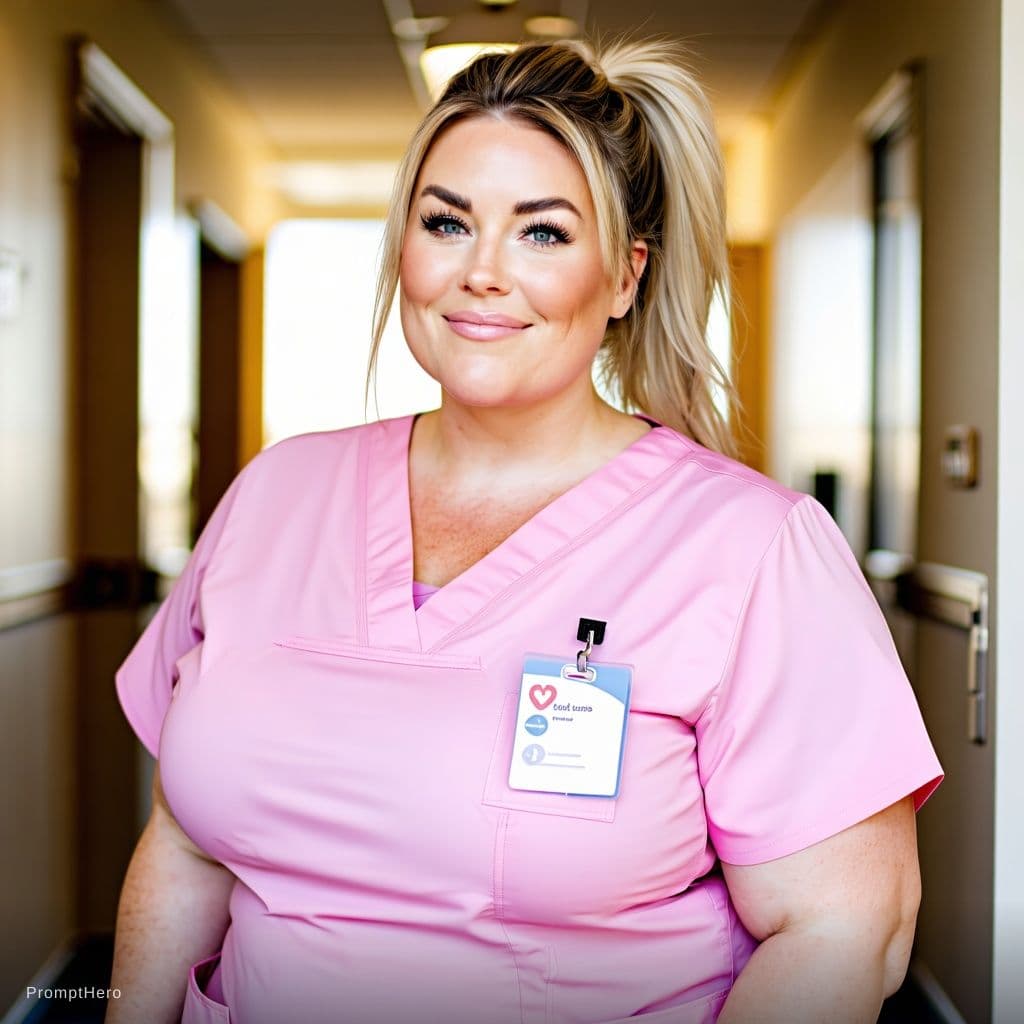 AI generated: NSFW photo of a 40 year old nurse, white woman, very pretty, tall, plus-size, very rounded face, clo...