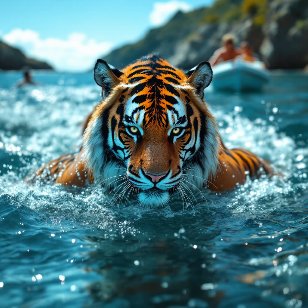 AI generated: Beautiful girl face in tiger body swim on the sea following up a boat