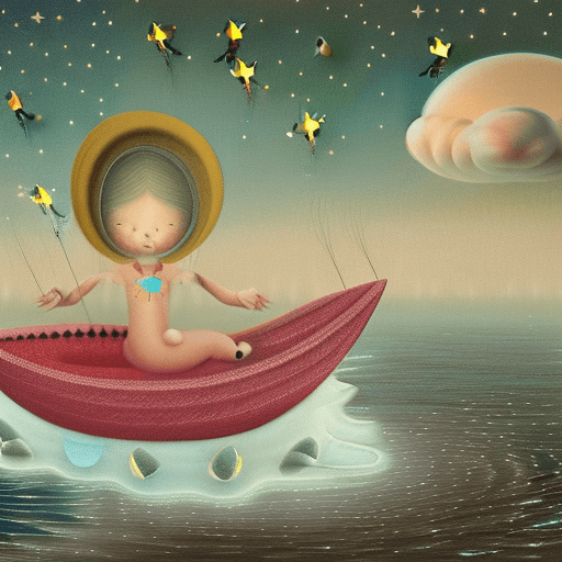 AI generated: girl sitting on the small boat floating in the sky surrounded by stars, moody sephia and muted tones...