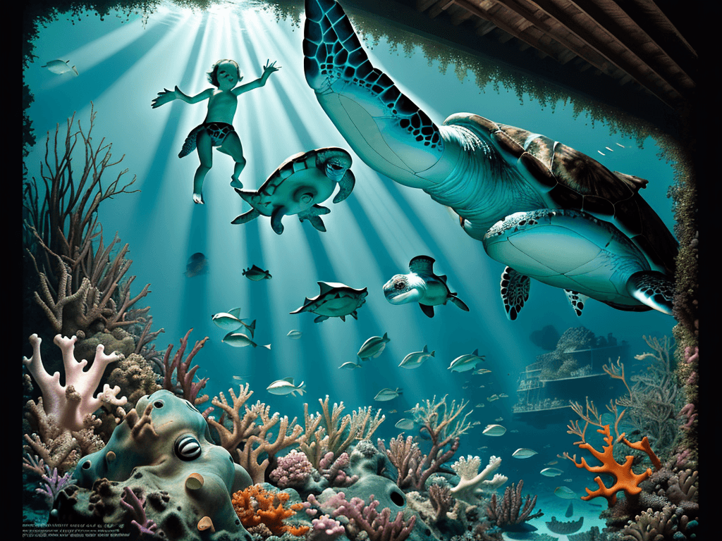 AI generated: Hyper realistic eye level diving photo of a baby happy green sea turtle, old wreck under the sea, fr...