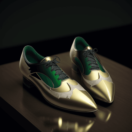 AI generated: shoes on the table with the design and character of Batman The shoes is gold and green dark, no wate...