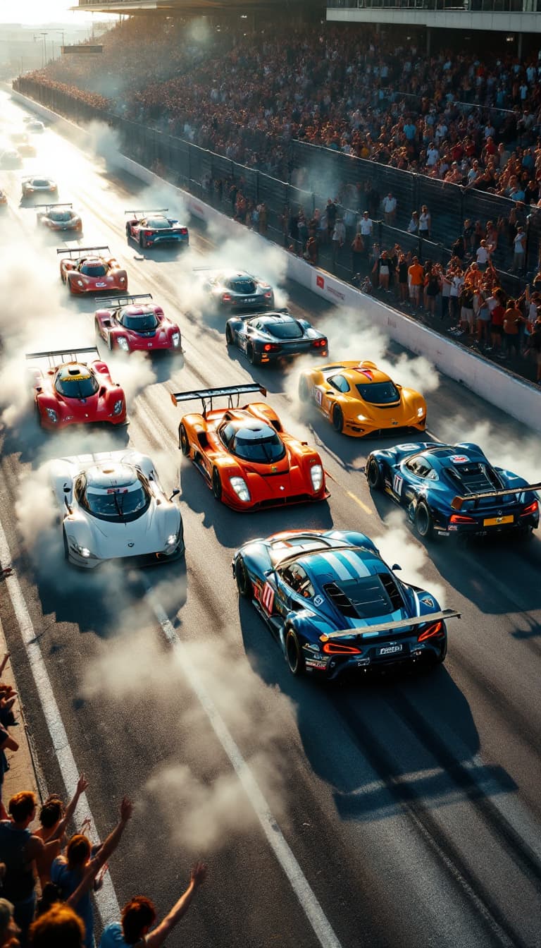 AI generated: Summer. 6 (six) racing cars with logos of different clubs on the sides start moving along the race t...