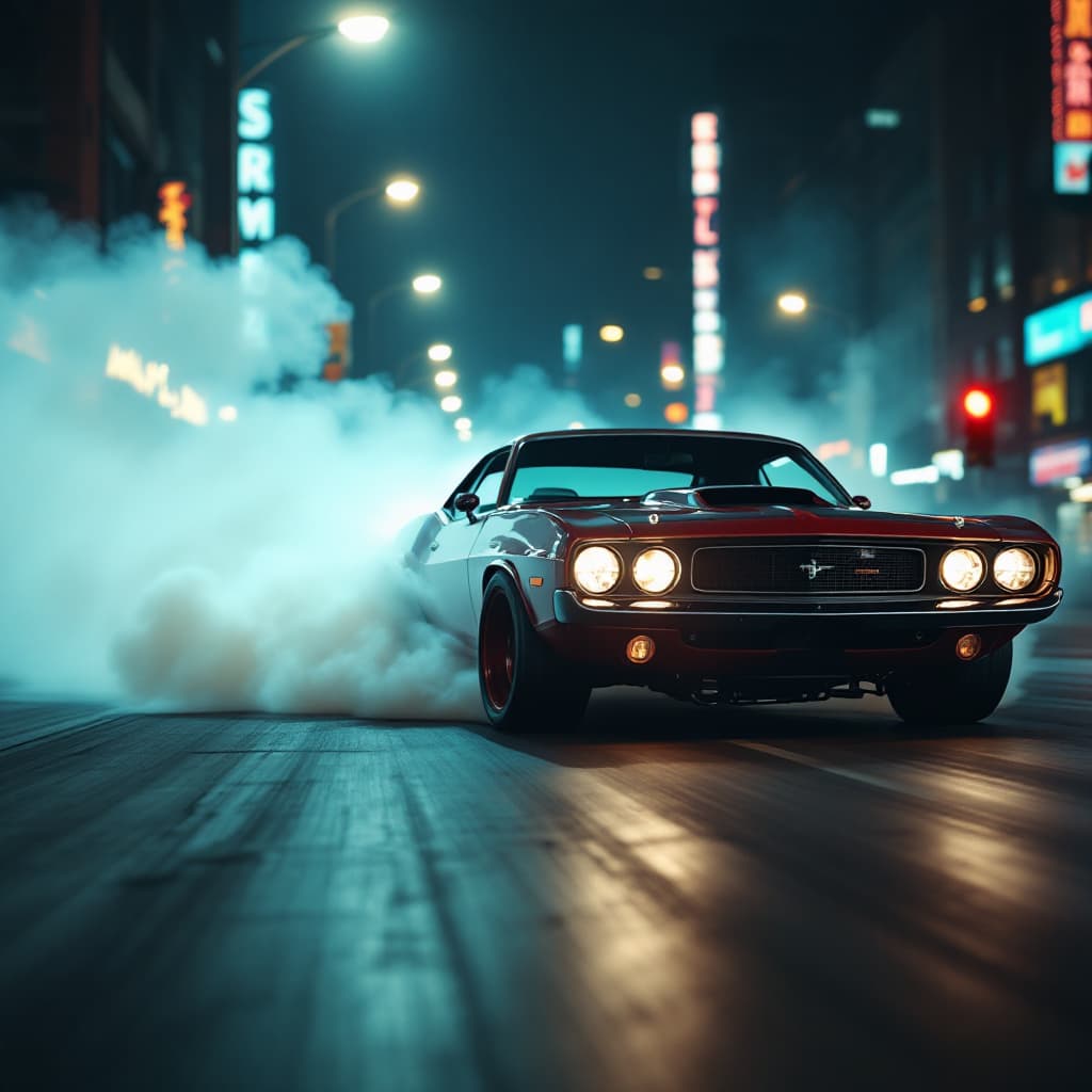 AI generated: Create a dynamic video sequence featuring a classic muscle car performing a burnout in a bustling ci...