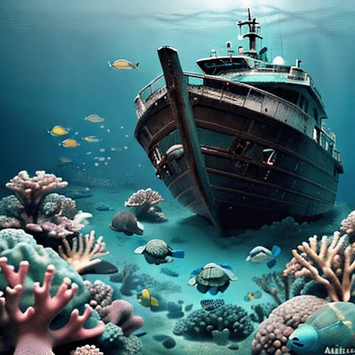 AI generated: Photo of a hyper realistic deeper dreamy boat wreck, green baby dreamy turtle looking at us floating...