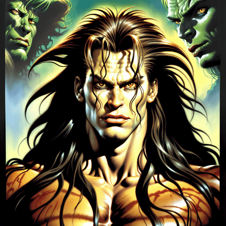 AI generated: wild tarzan alien humanoid hybrid beast with long crazy spiky messy hair, detailed clear portrait, p...