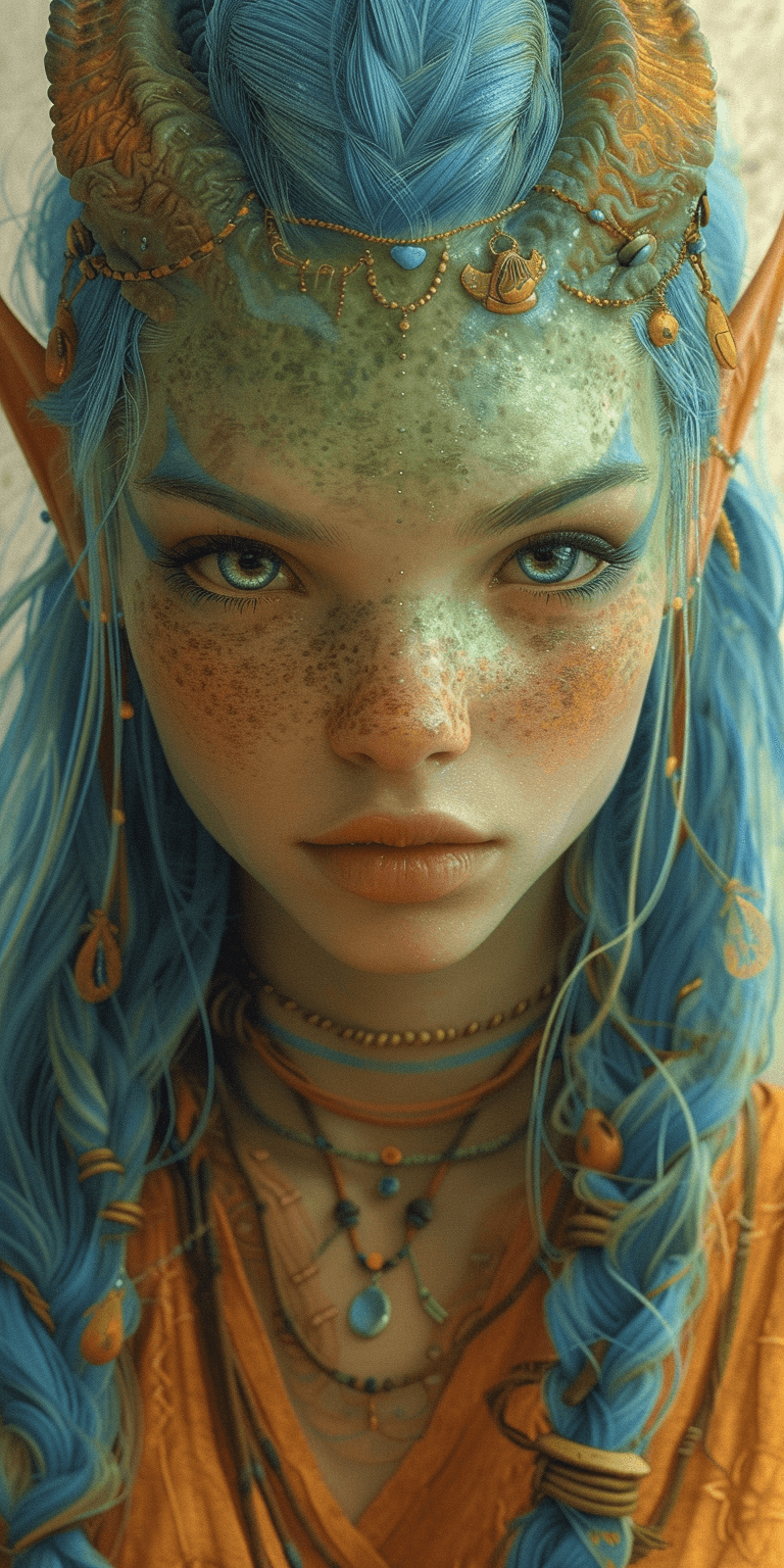 AI generated: alien with blue hair by theo el, in the style of balanced symmetry, light orange and cyan, detailed ...