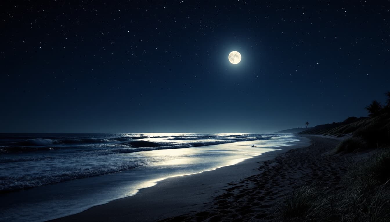 AI generated: The beach at night is a serene expanse, bathed in the ethereal glow of a full moon that hangs high i...