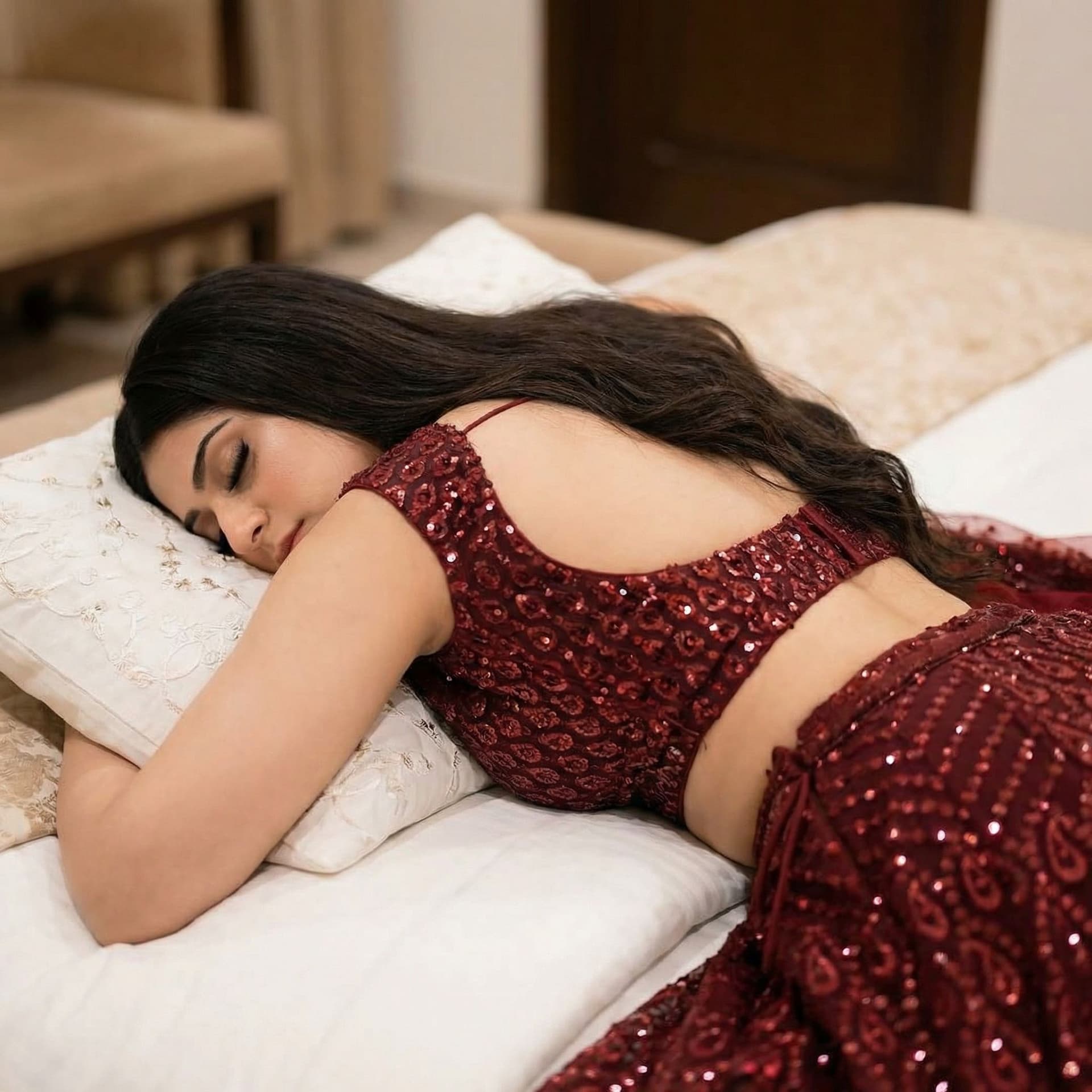 AI generated: Create the high realistic picture as this Pakistani lady is sleeping face  lying down on bed with pi...