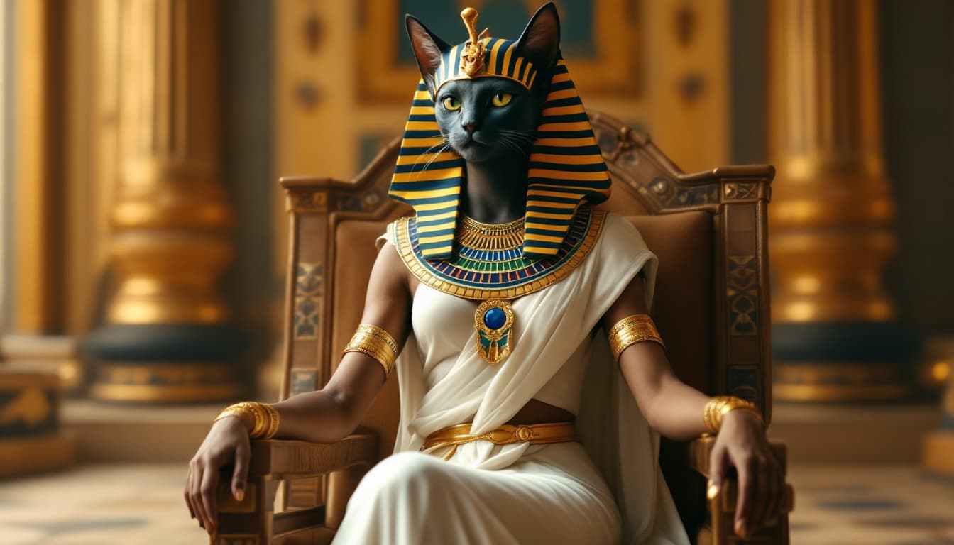 AI generated: Depict Bastet, the Egyptian goddess, seated majestically in a grand throne room, now wearing a tradi...